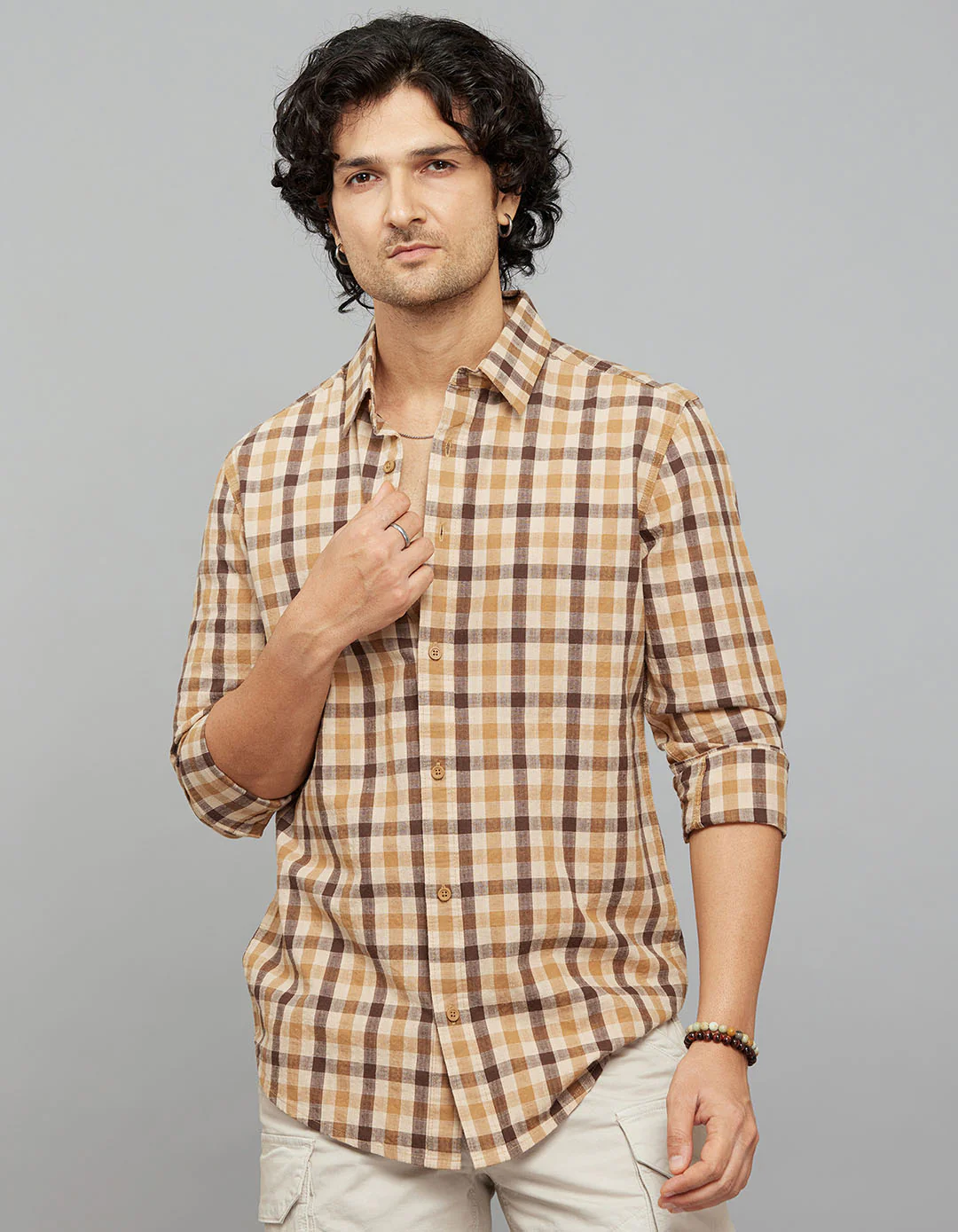 Beige Brown 100% Cotton Full Sleeves Check Shirt