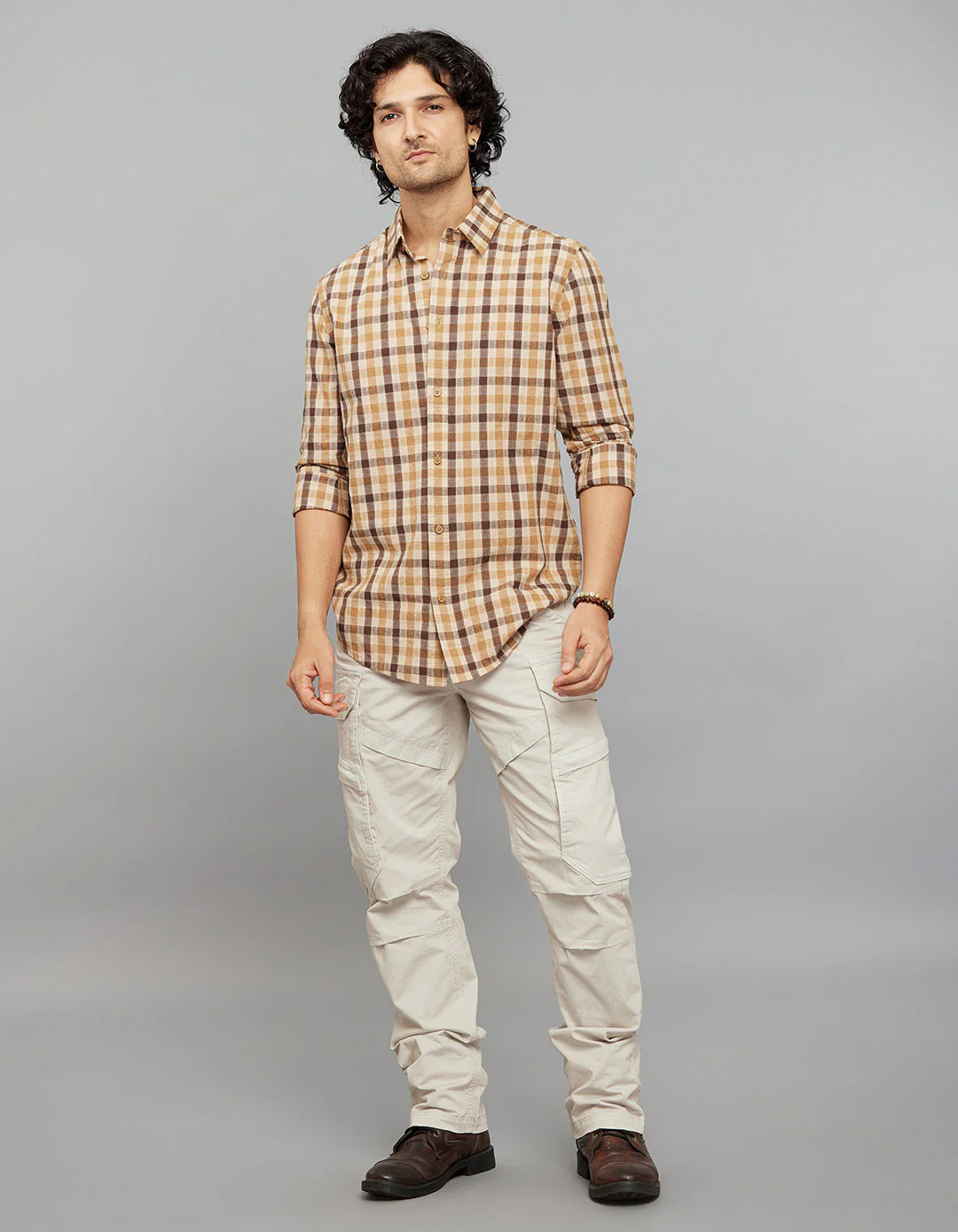 Beige Brown 100% Cotton Full Sleeves Check Shirt - Image 2