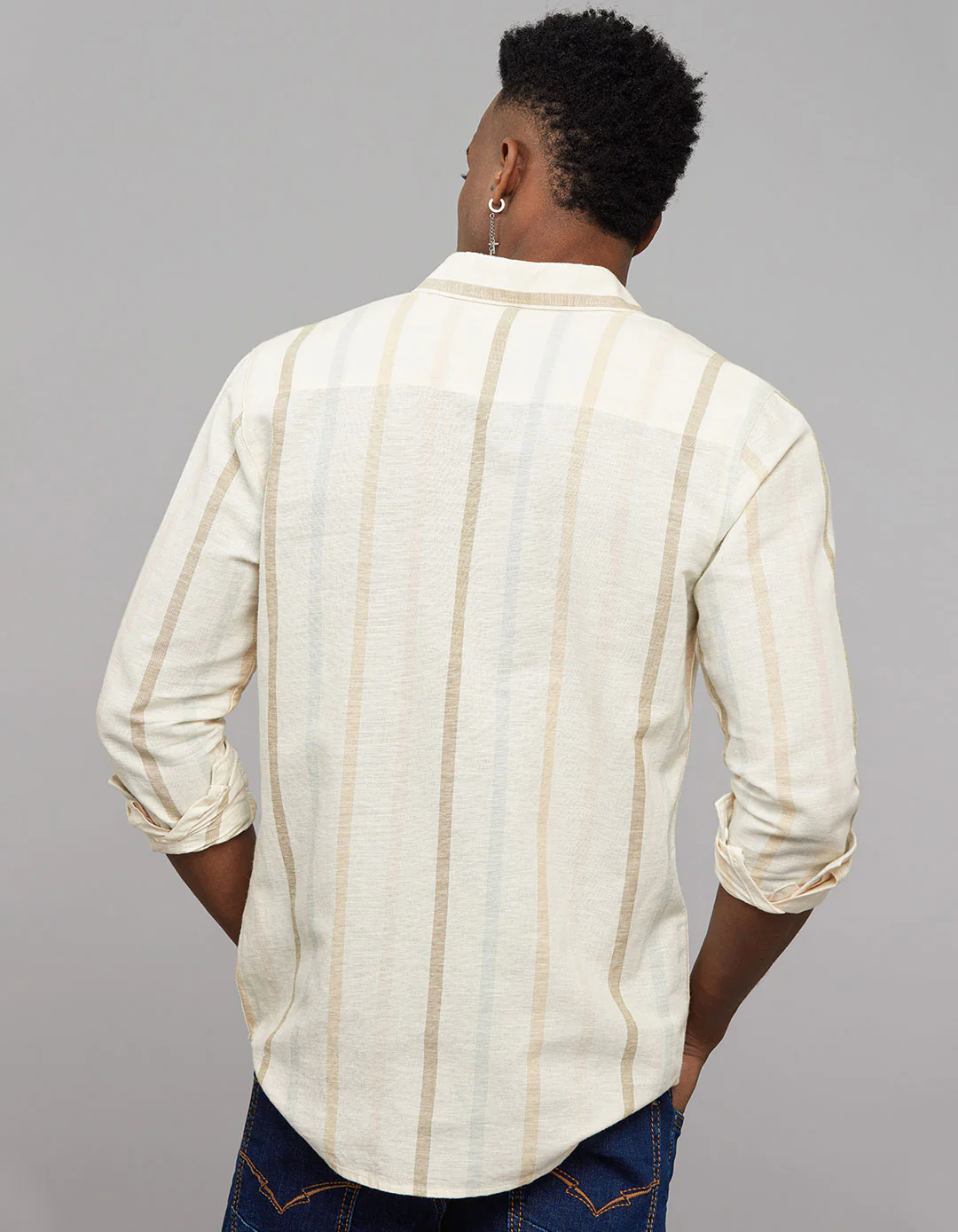 Beige Full Sleeves Linen Blend Stripe Shirt - Image 6