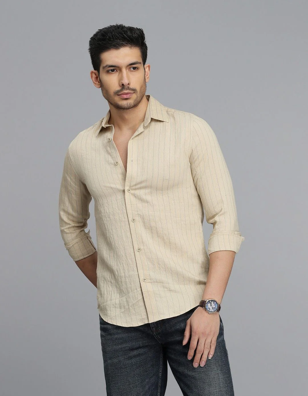 Beige Full Sleeves Stripe Shirt