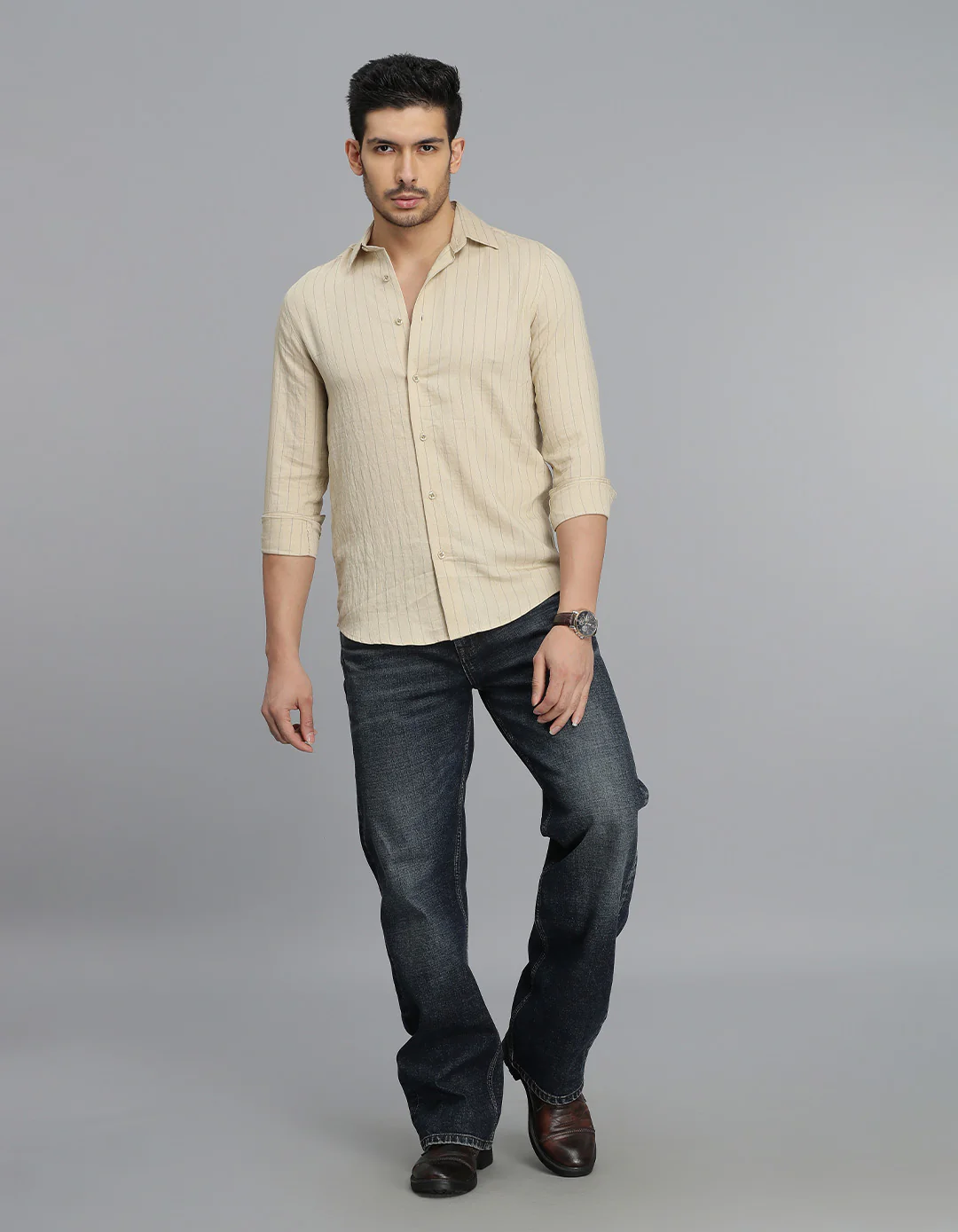 Beige Full Sleeves Stripe Shirt - Image 2