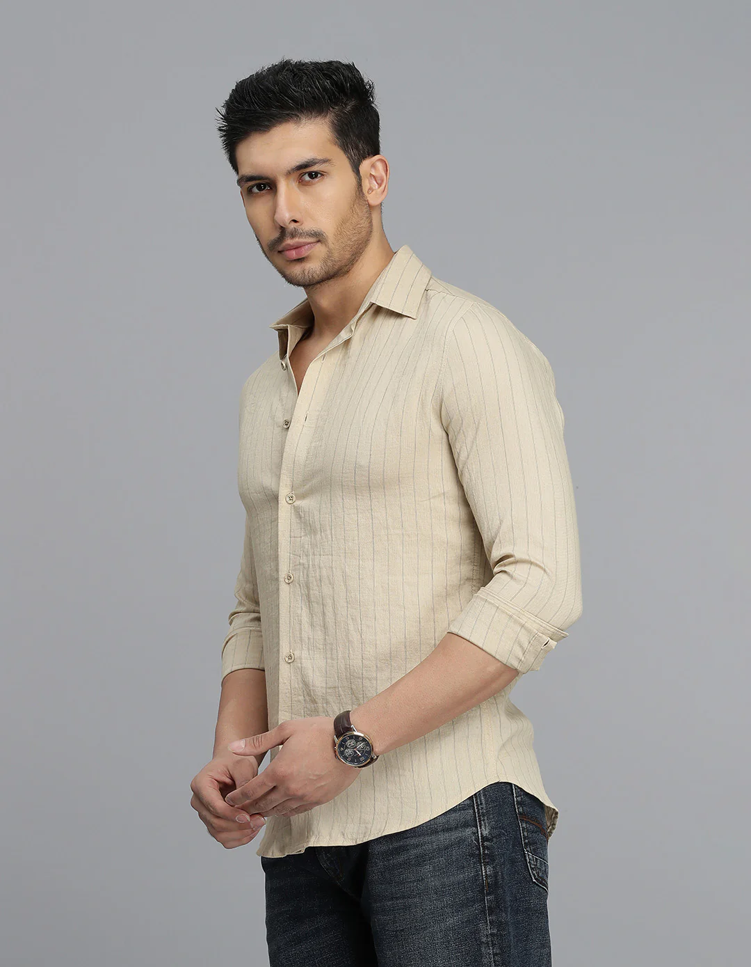 Beige Full Sleeves Stripe Shirt - Image 3