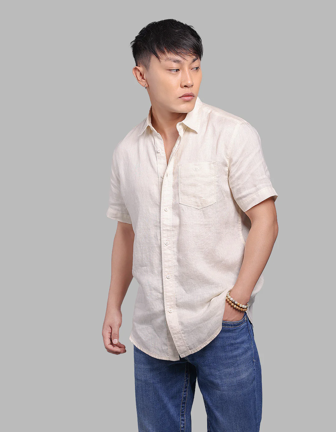 Beige Half Sleeve 100% Linen Shirt