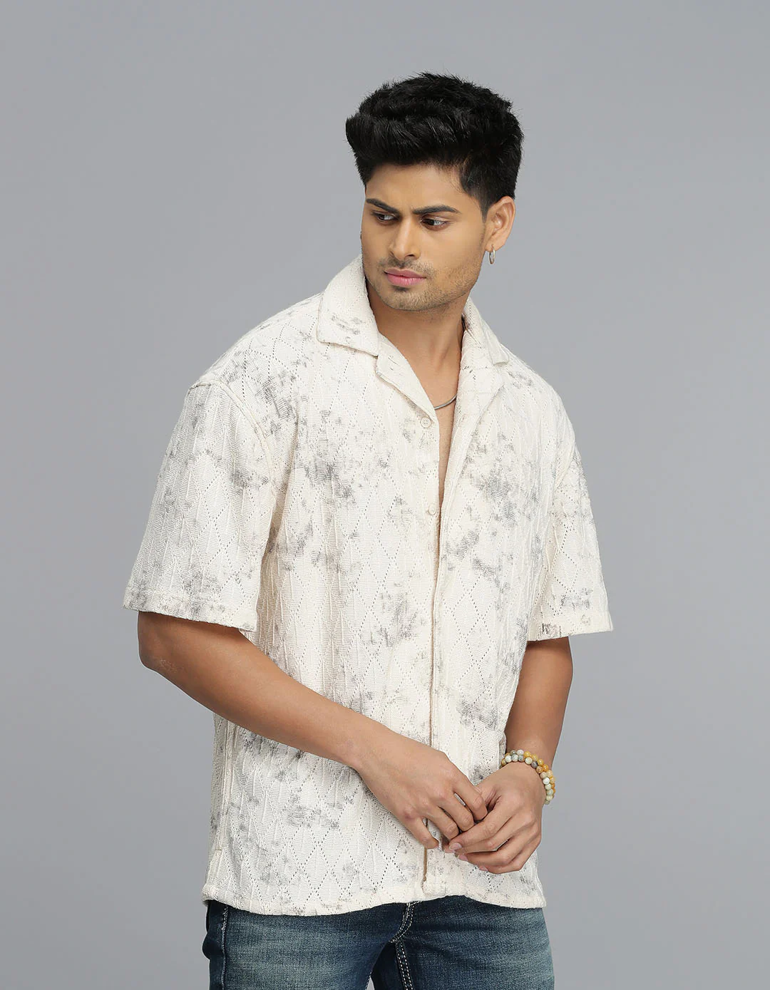 Beige Half Sleeves Crochet Shirt - Image 3