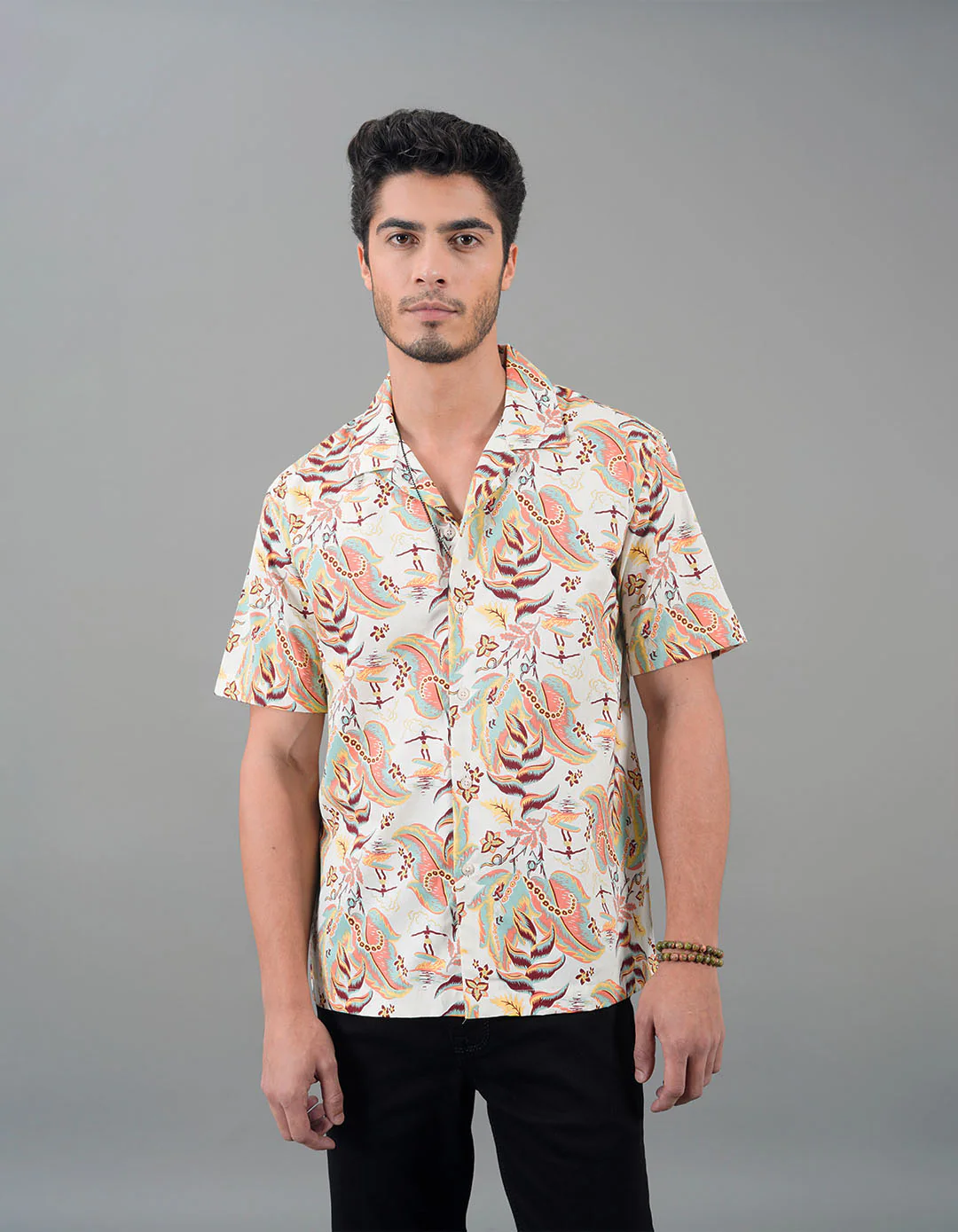 Beige 100% Cotton Half Sleeves Printed Shirt