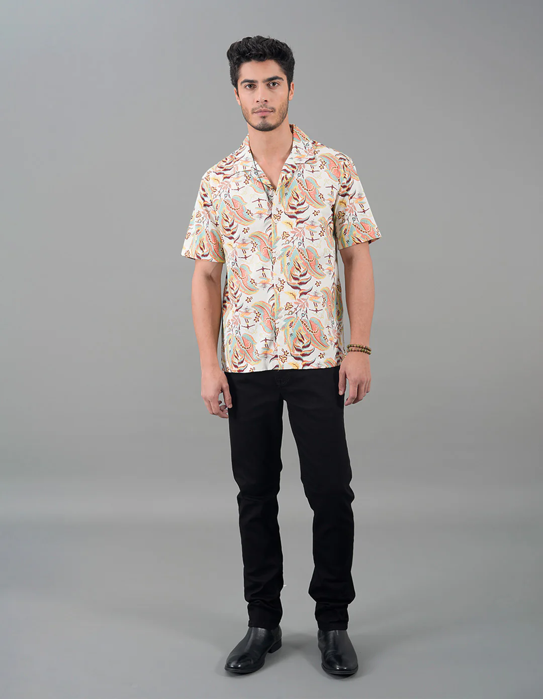 Beige 100% Cotton Half Sleeves Printed Shirt - Image 2