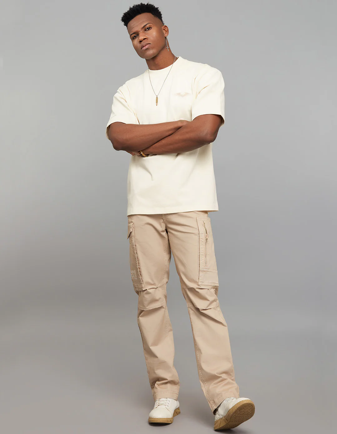Beige Half Sleeves Round Neck Oversized Tee - Image 2