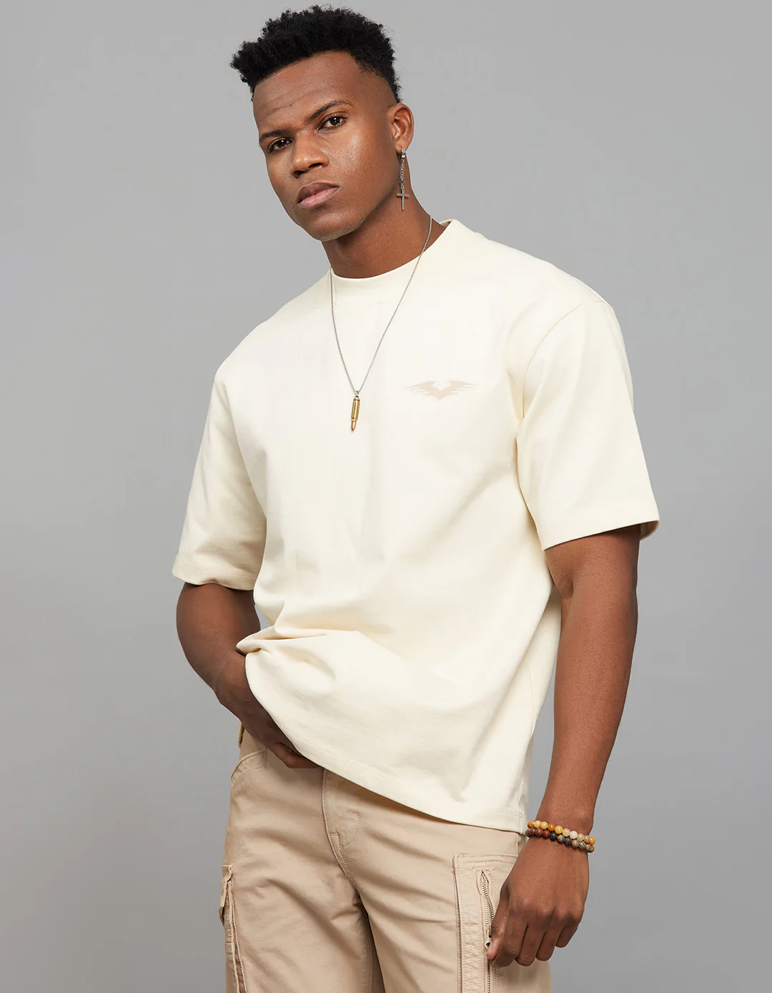 Beige Half Sleeves Round Neck Oversized Tee - Image 3