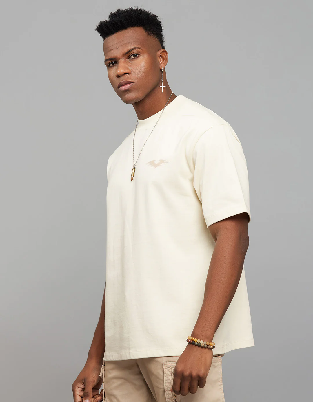 Beige Half Sleeves Round Neck Oversized Tee - Image 4