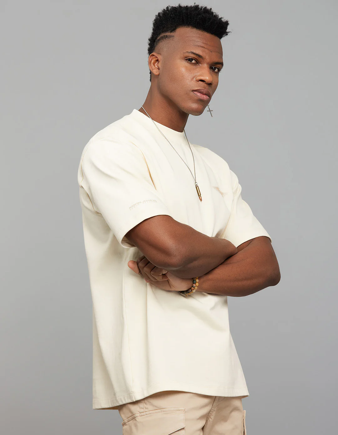 Beige Half Sleeves Round Neck Oversized Tee - Image 5