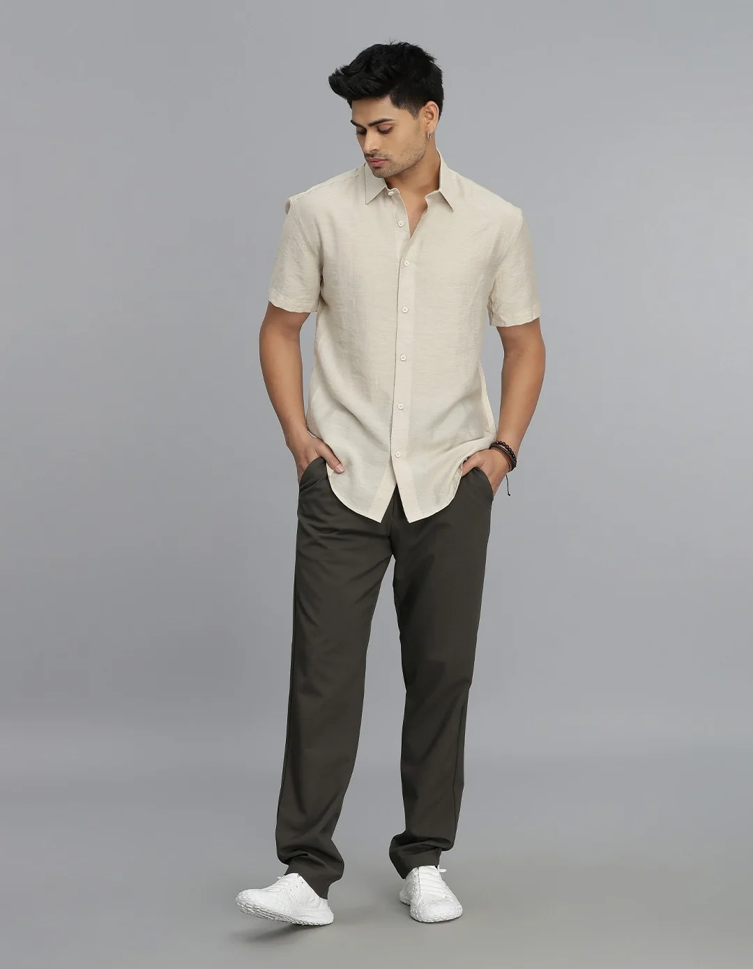 Beige Half Sleeves Solid Shirt - Image 2