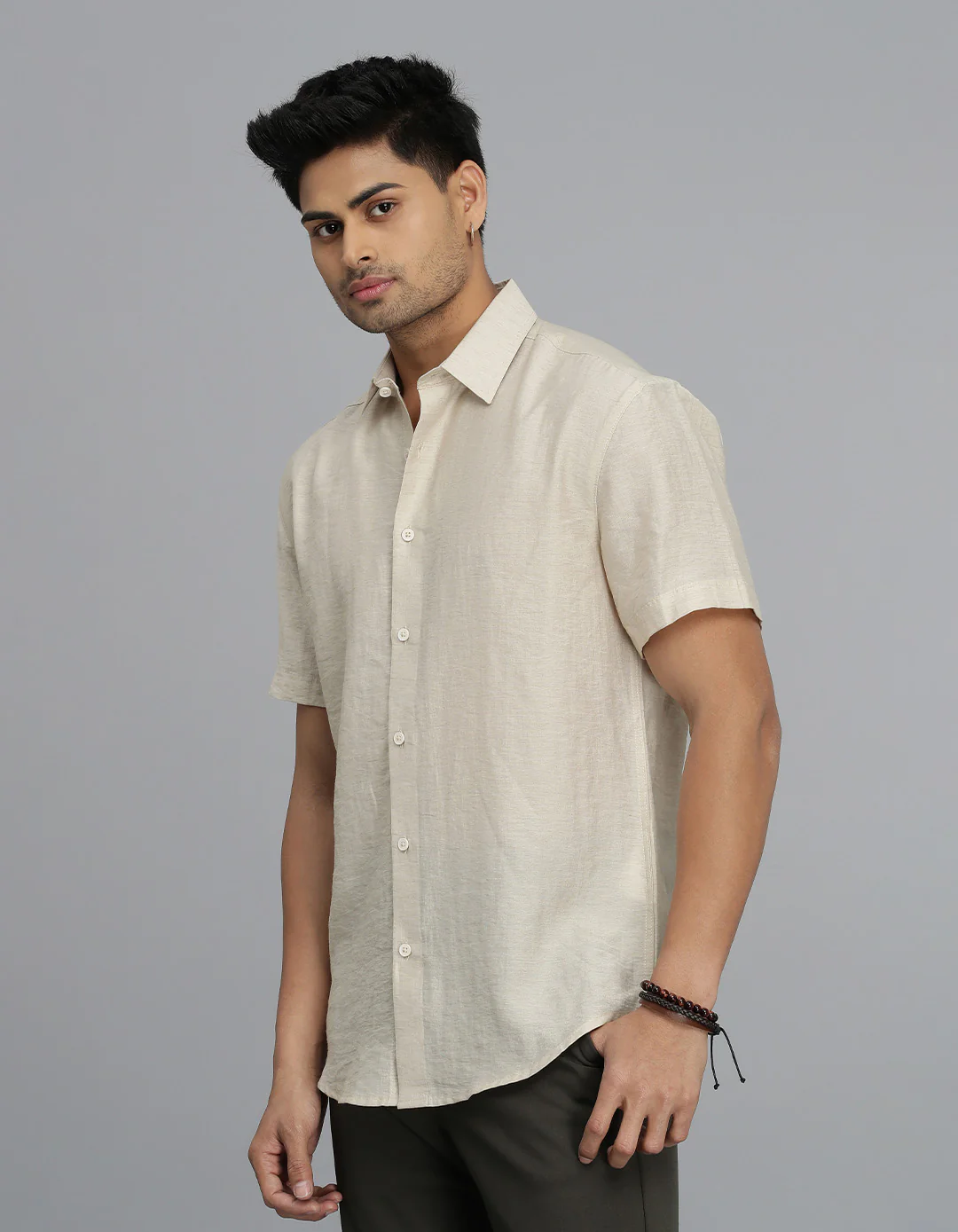 Beige Half Sleeves Solid Shirt - Image 3