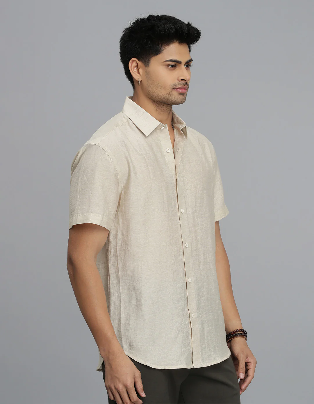 Beige Half Sleeves Solid Shirt - Image 4