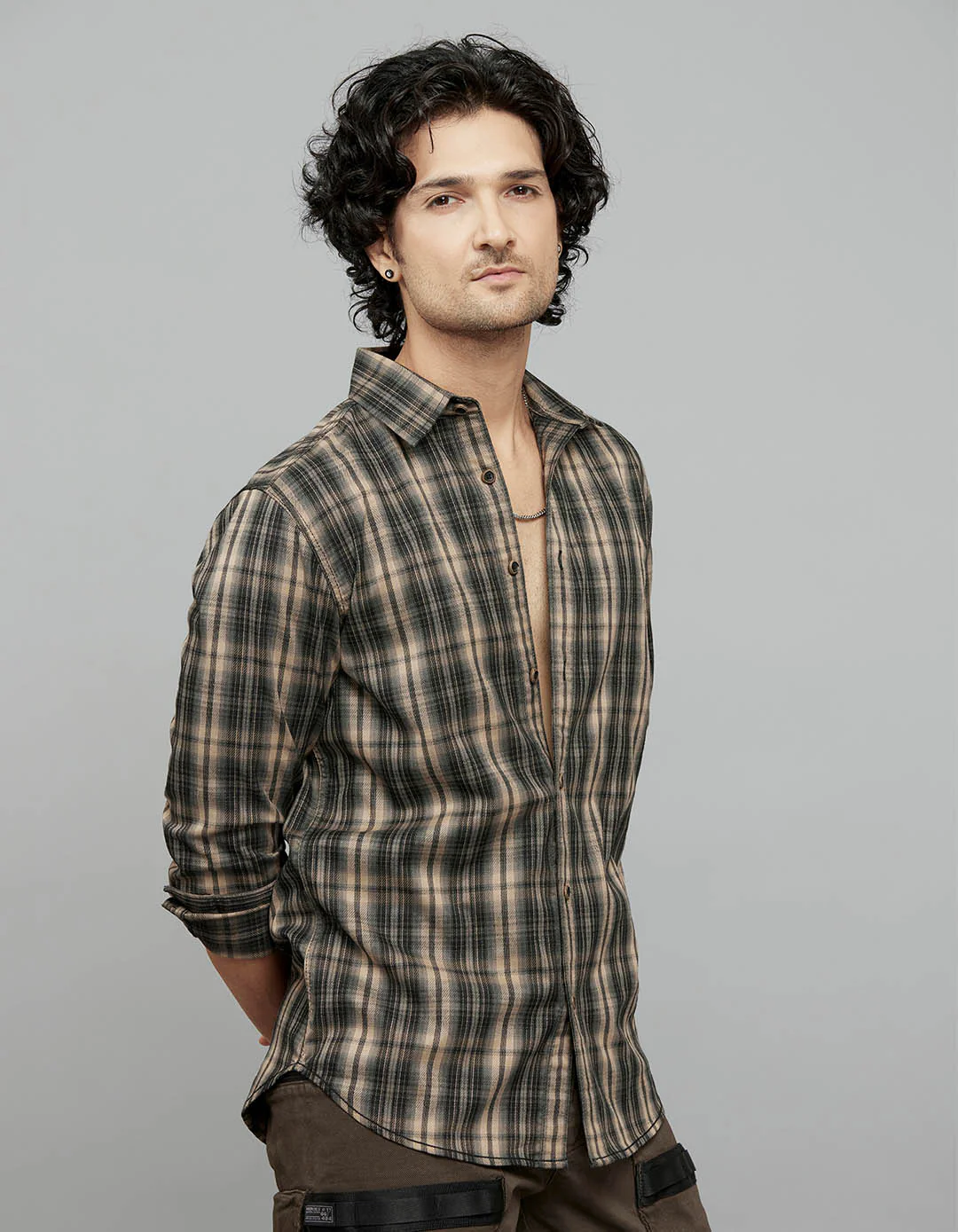 Beige White Full Sleeves Check Shirt