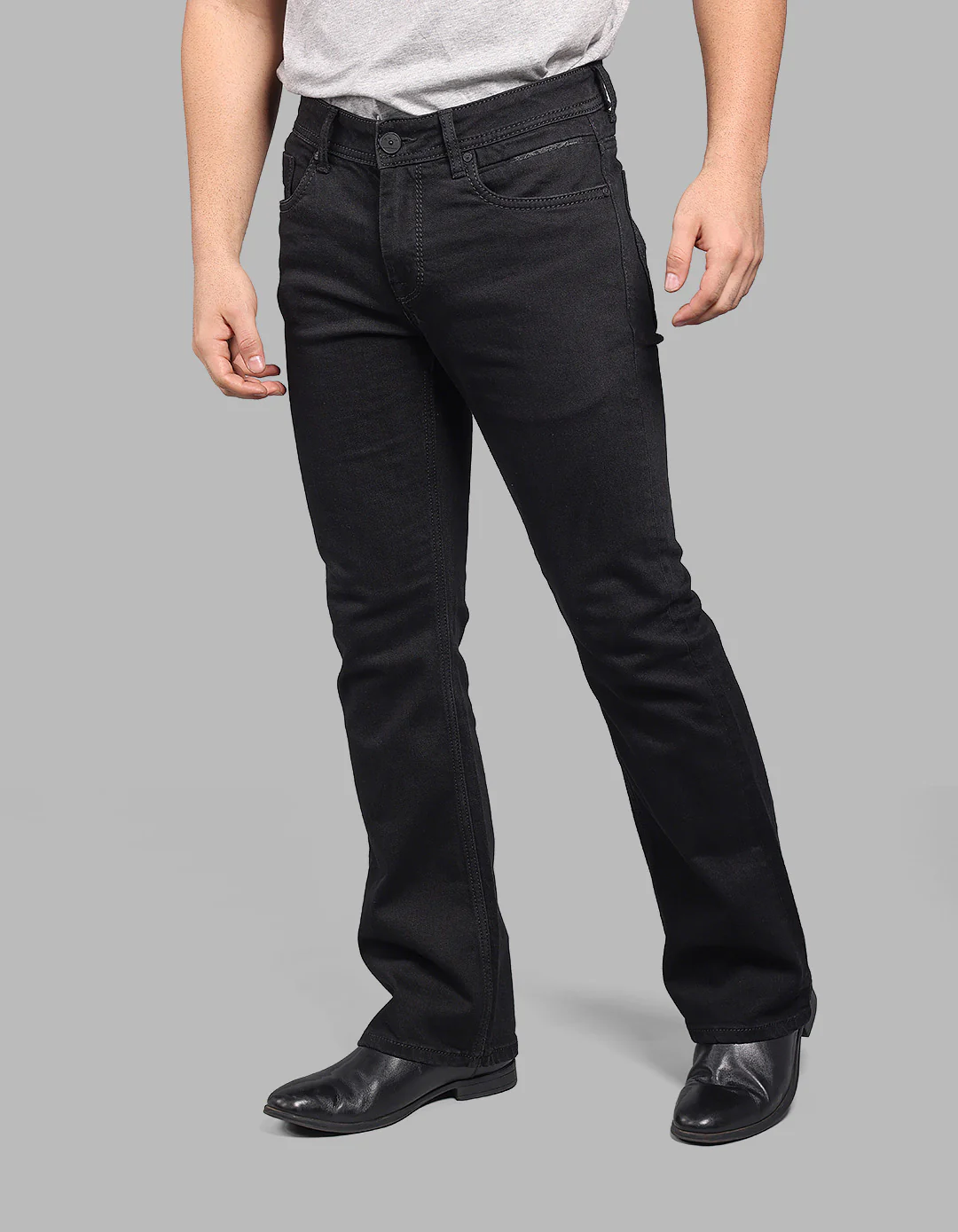 Black 5 Pocket Mid Rise Cropped Length Loose Boot Leg Stretch Jeans - Image 5
