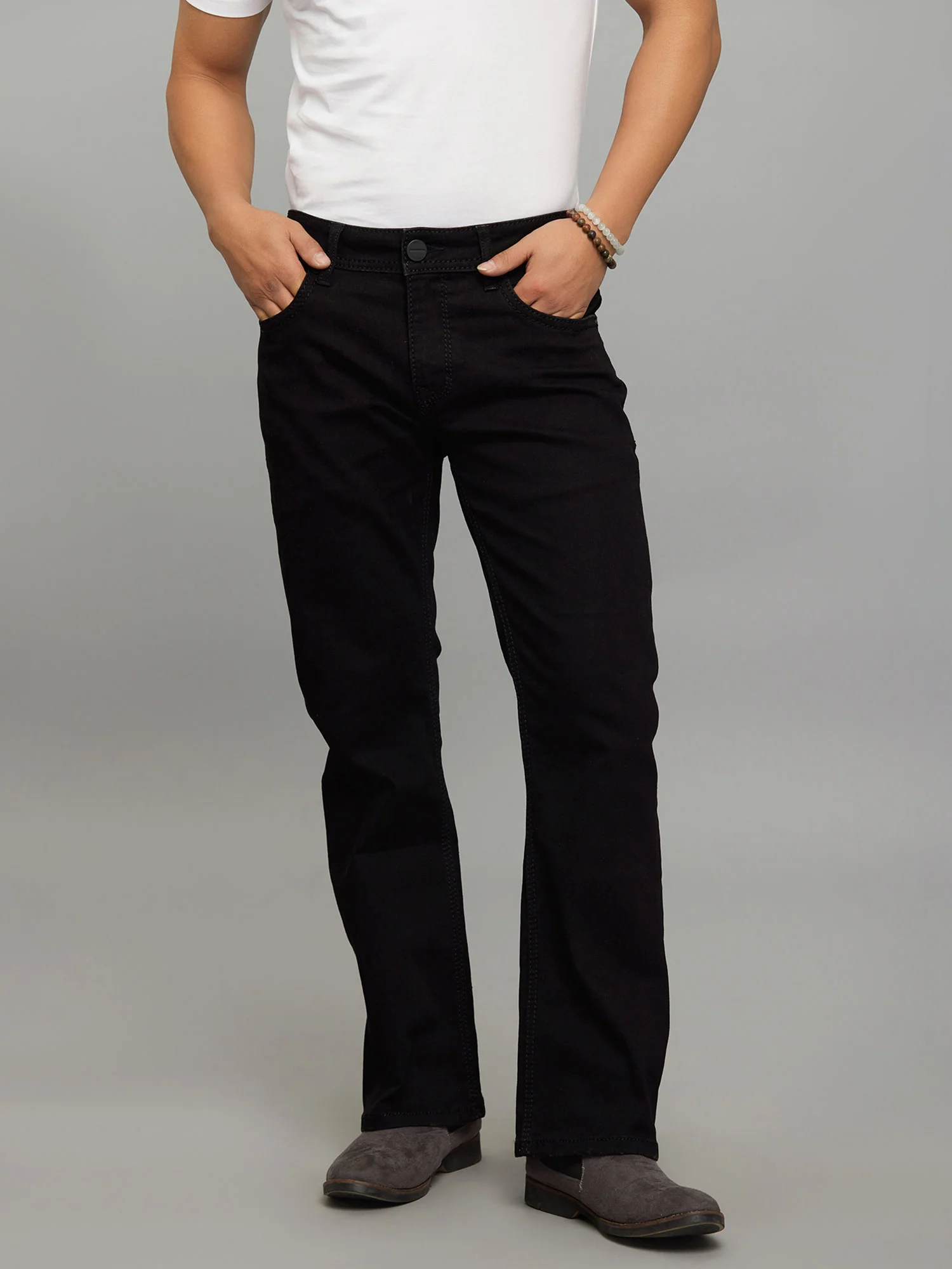 Black 5 Pocket Mid Rise Cropped Length Loose Boot Leg Stretch Jeans