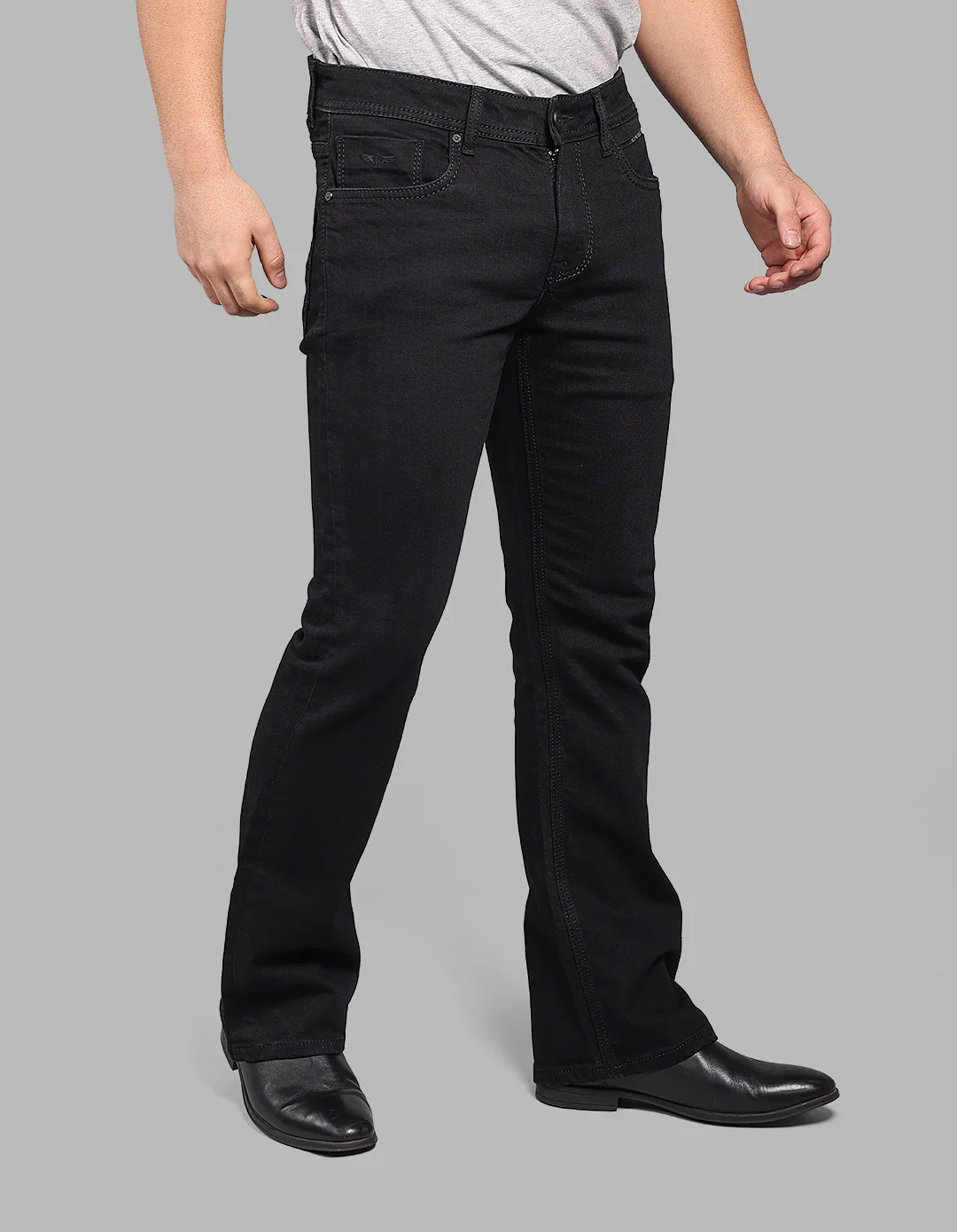 Black 5 Pocket Mid Rise Loose Boot Leg Stretch Jeans - Image 6