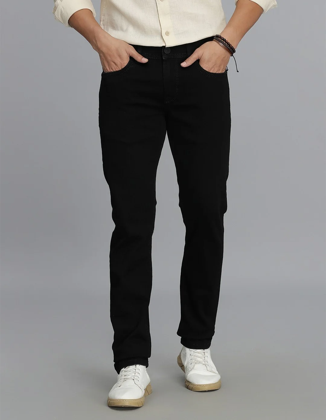 Black 5 Pocket Mid-Rise Slim Straight Fit Jeans