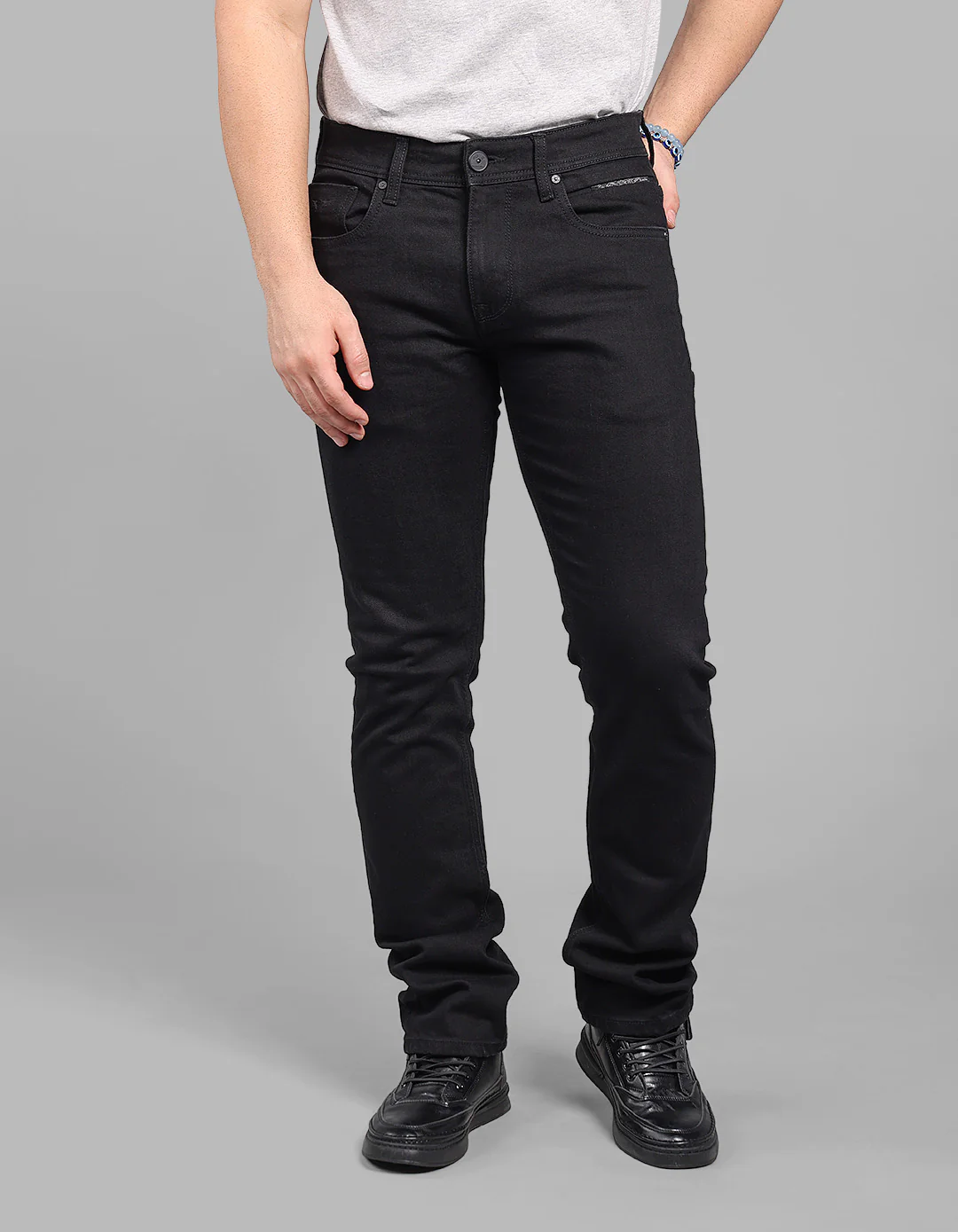 Black 5 Pocket Mid-Rise Slim Straight Fit Stretch Jeans