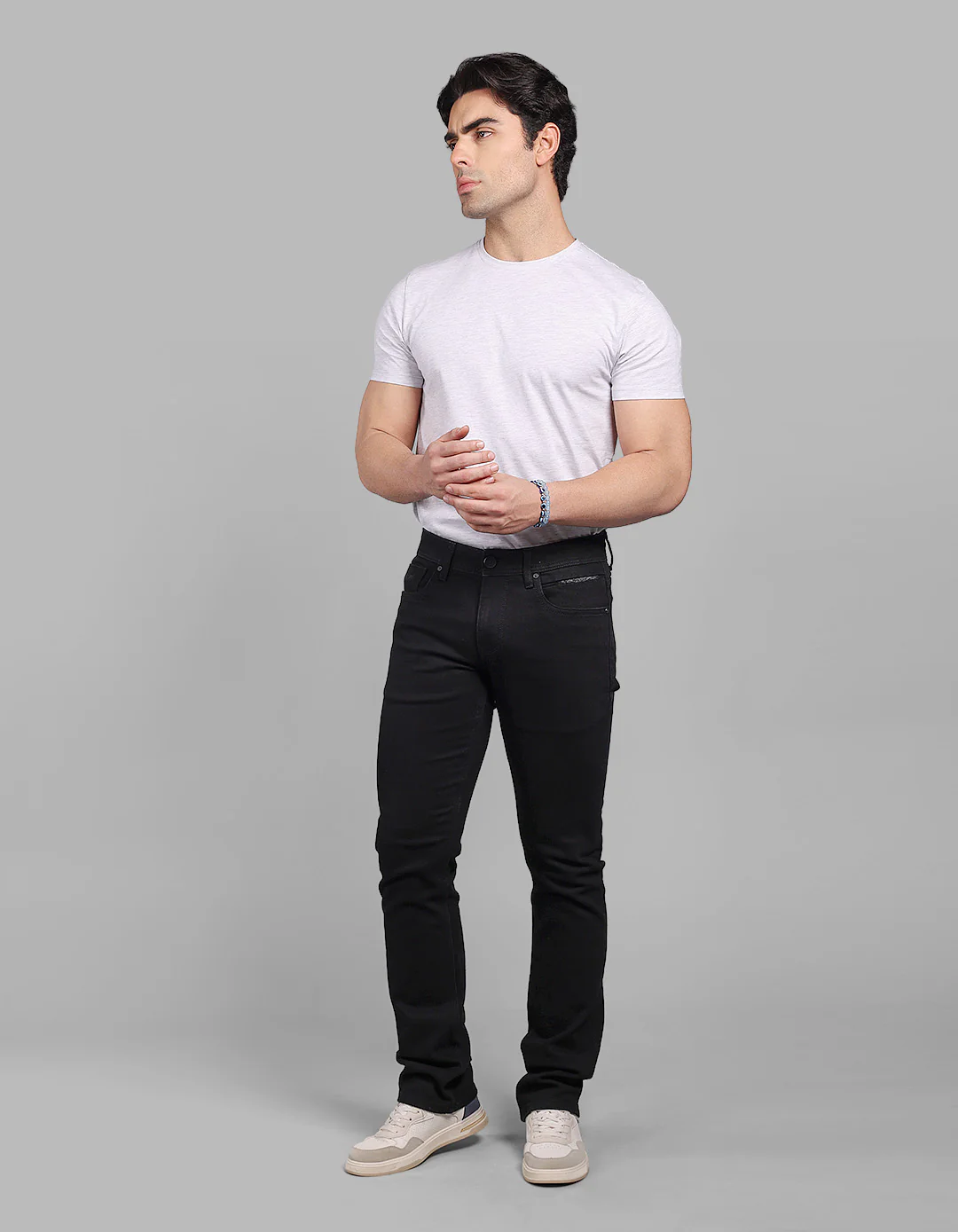 Black 5 Pocket Mid-Rise Slim Straight Fit Stretch Jeans - Image 2