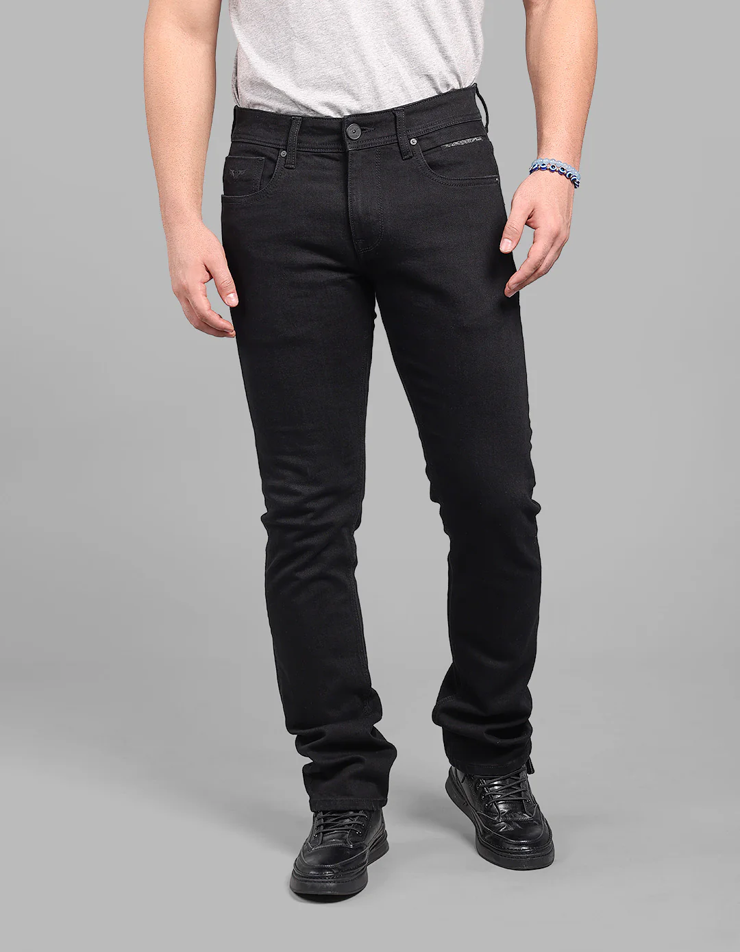 Black 5 Pocket Mid-Rise Slim Straight Fit Stretch Jeans - Image 3