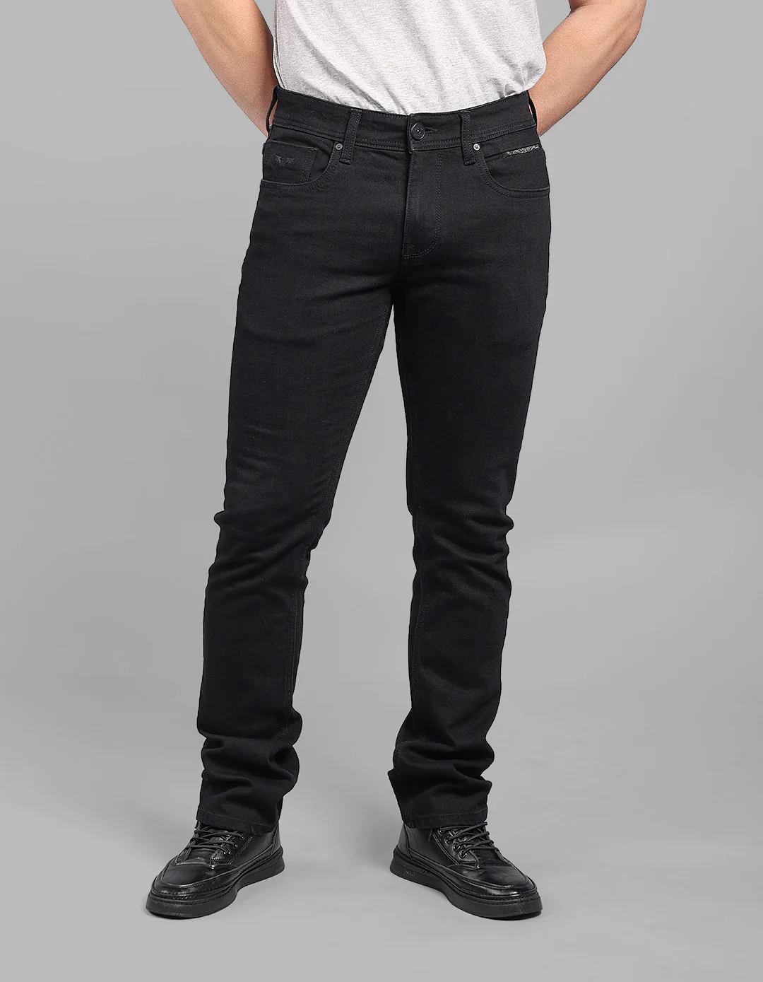 Black 5 Pocket Mid-Rise Slim Straight Fit Stretch Jeans - Image 4