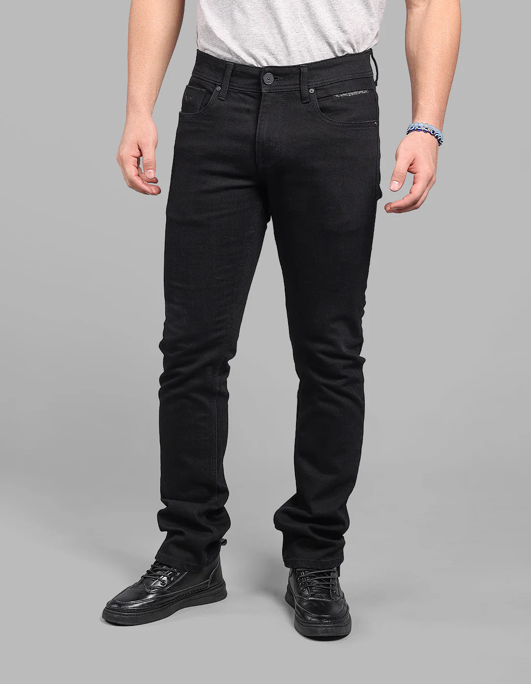 Black 5 Pocket Mid-Rise Slim Straight Fit Stretch Jeans - Image 5