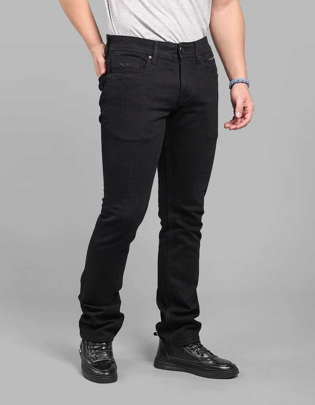 Black 5 Pocket Mid-Rise Slim Straight Fit Stretch Jeans - Image 6