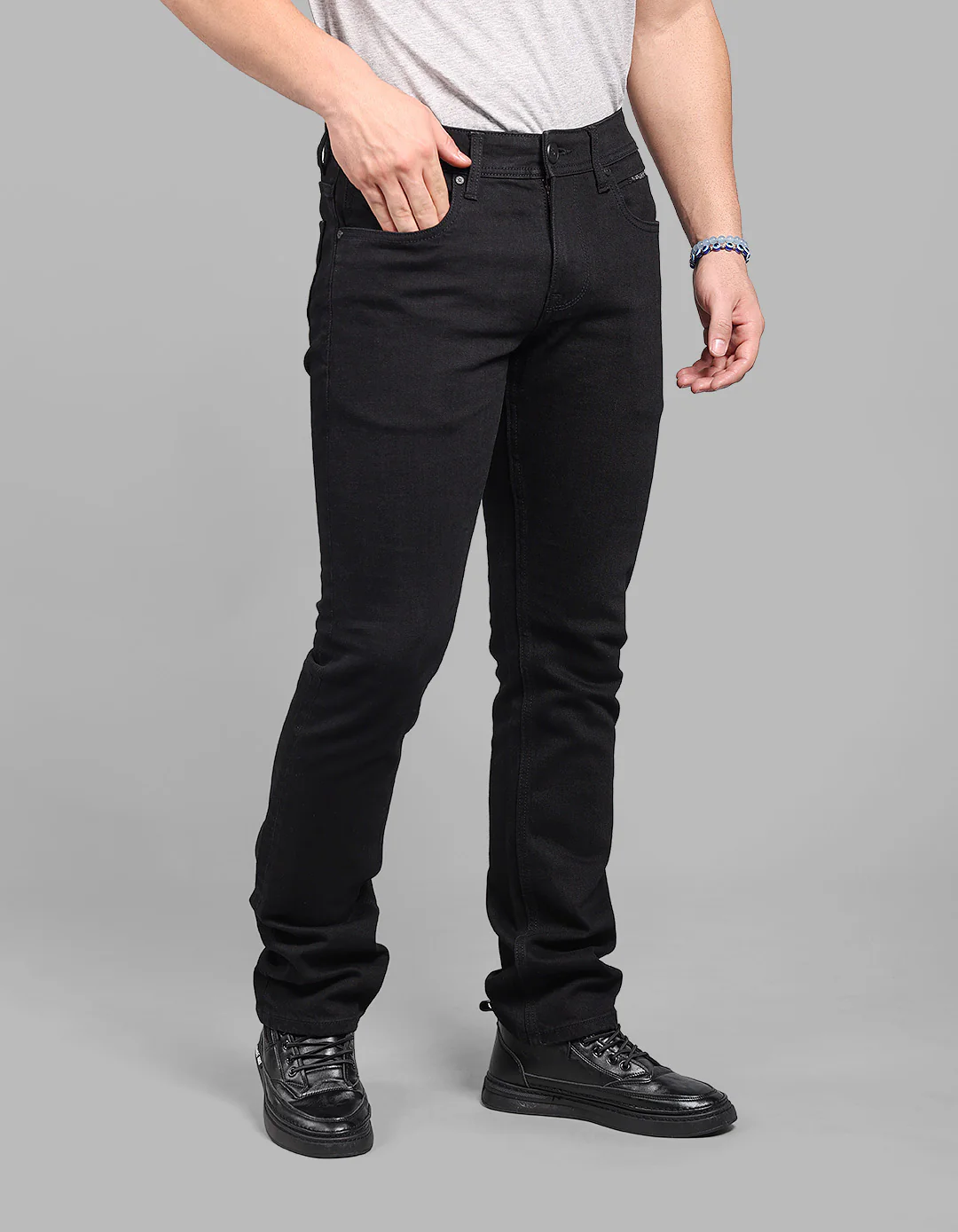 Black 5 Pocket Mid-Rise Slim Straight Fit Stretch Jeans - Image 7