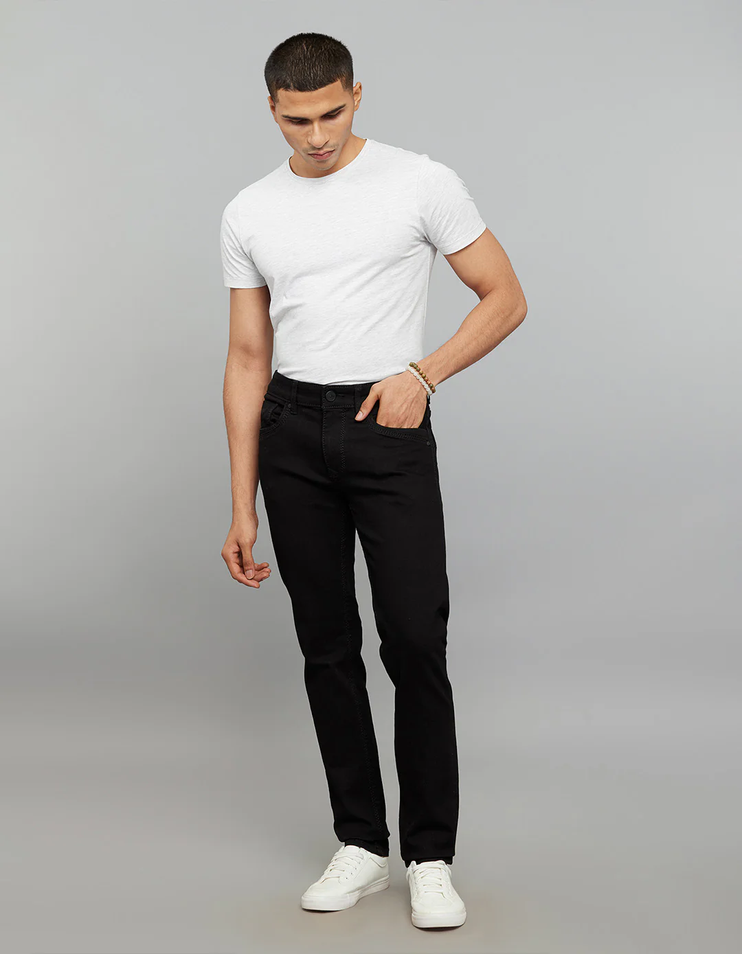 Black 5 Pocket Mid-Rise Slim Straight Fit Stretch Jeans - Image 2