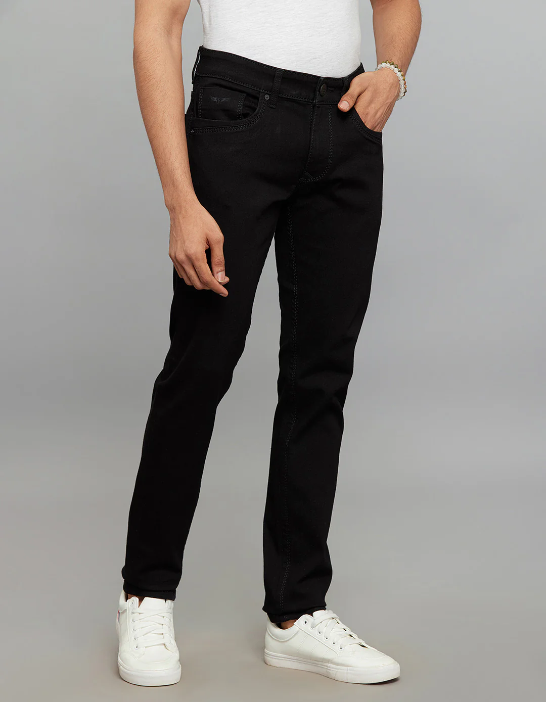 Black 5 Pocket Mid-Rise Slim Straight Fit Stretch Jeans - Image 3