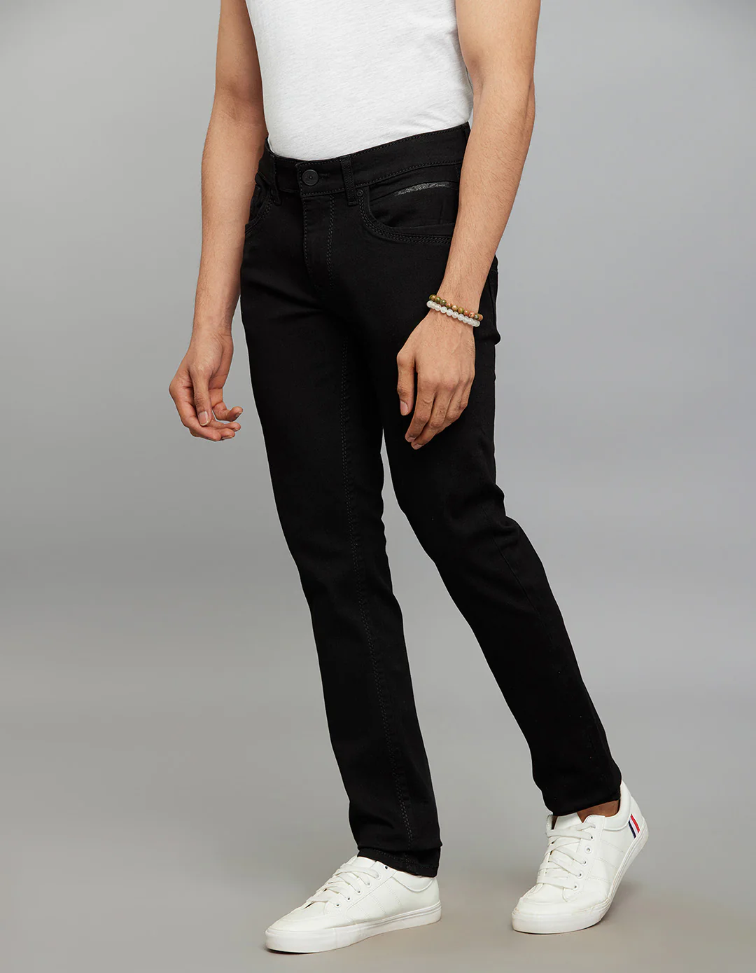 Black 5 Pocket Mid-Rise Slim Straight Fit Stretch Jeans - Image 4