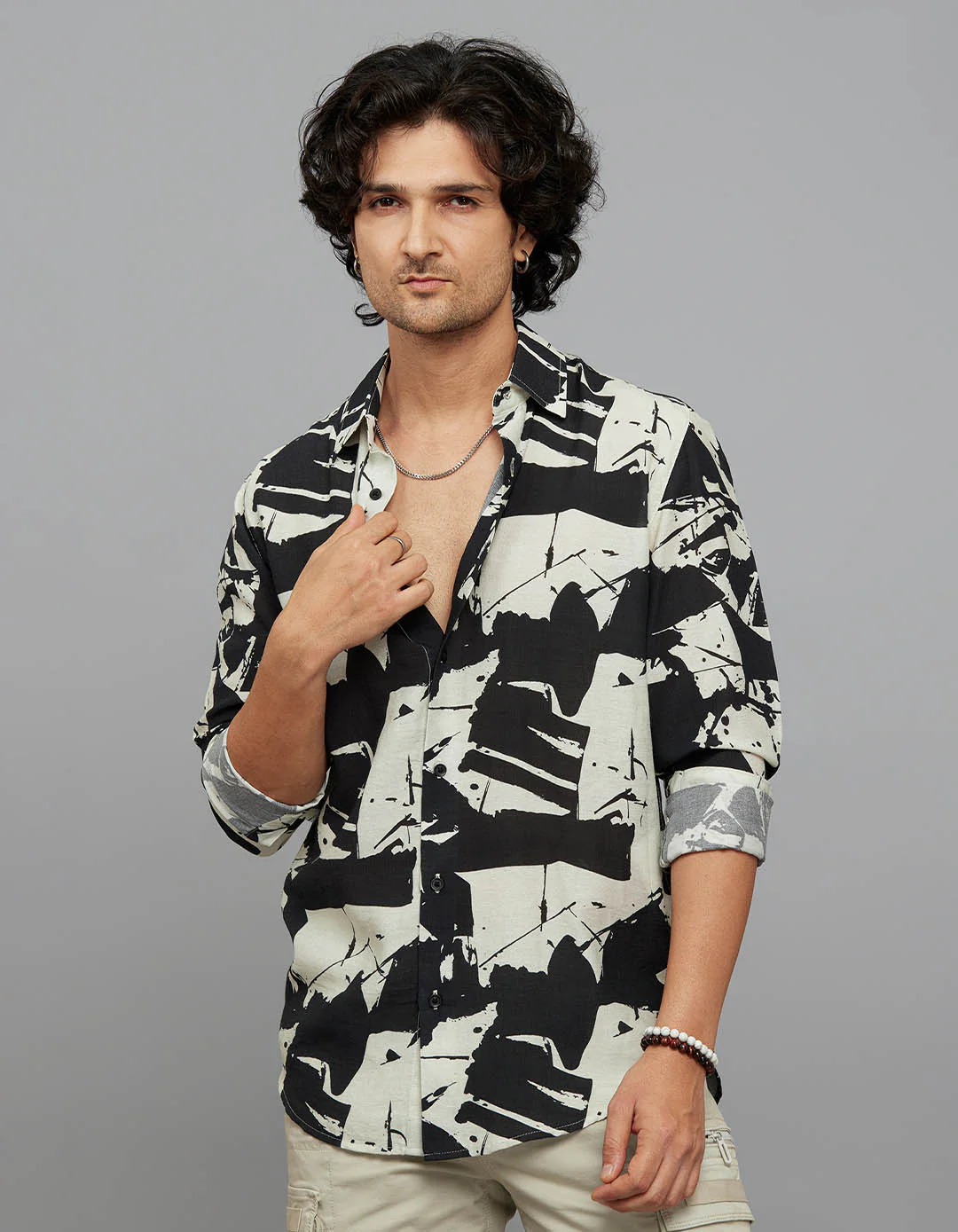 Black Cream Full Sleeves Printed Shirt