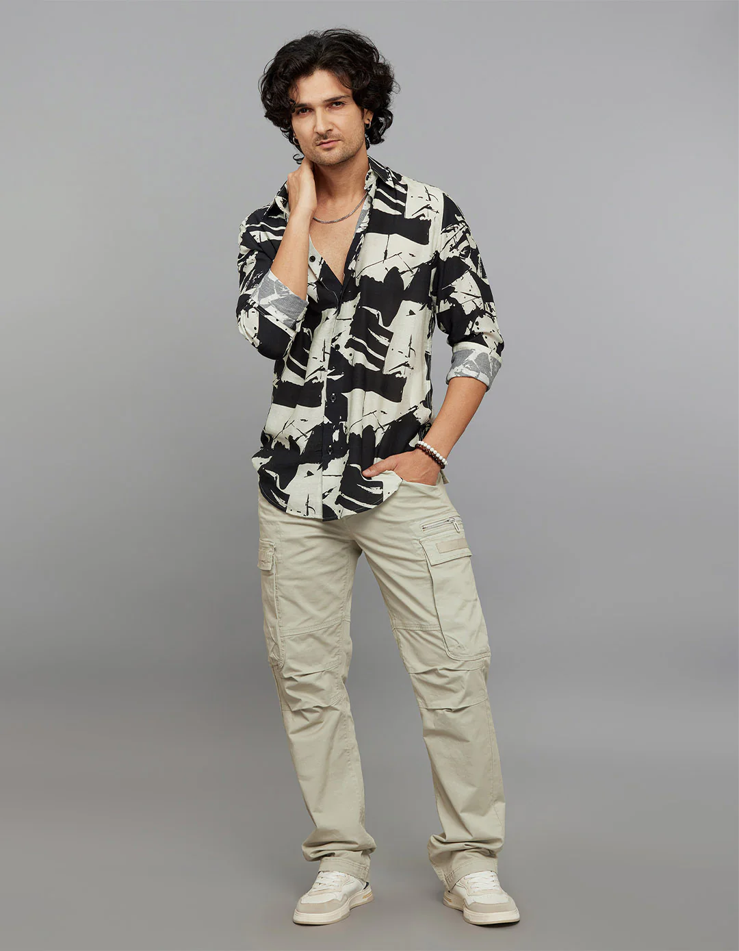 Black Cream Full Sleeves Printed Shirt - Image 2