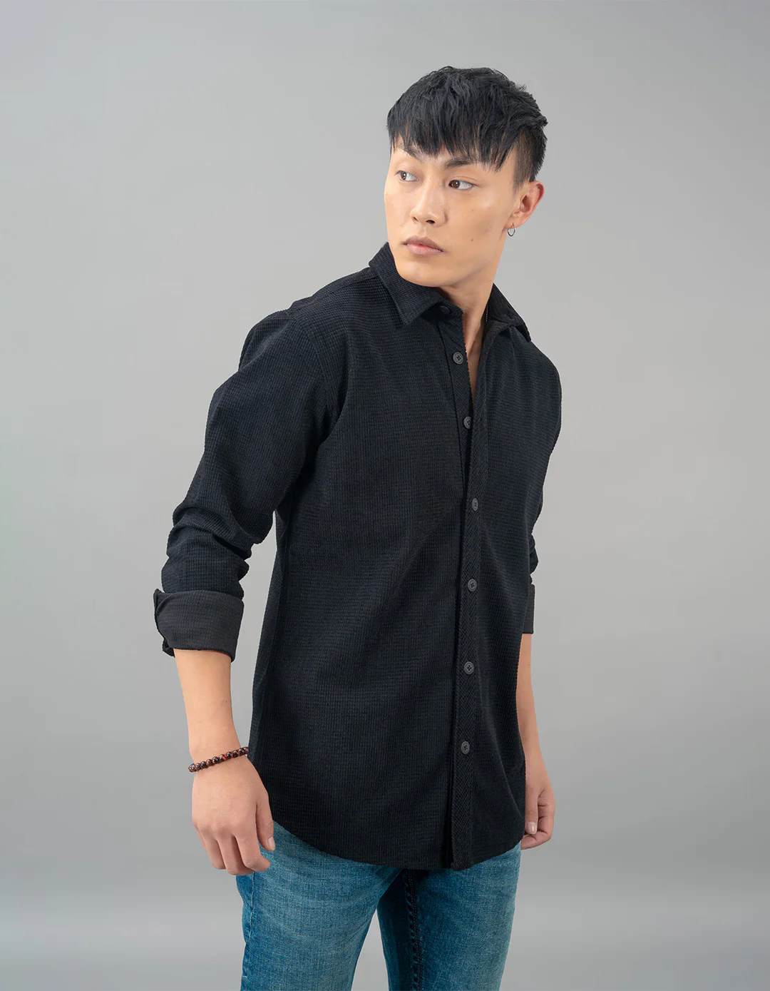 Black Full Sleeve Textured Waffle Shacket - Image 4