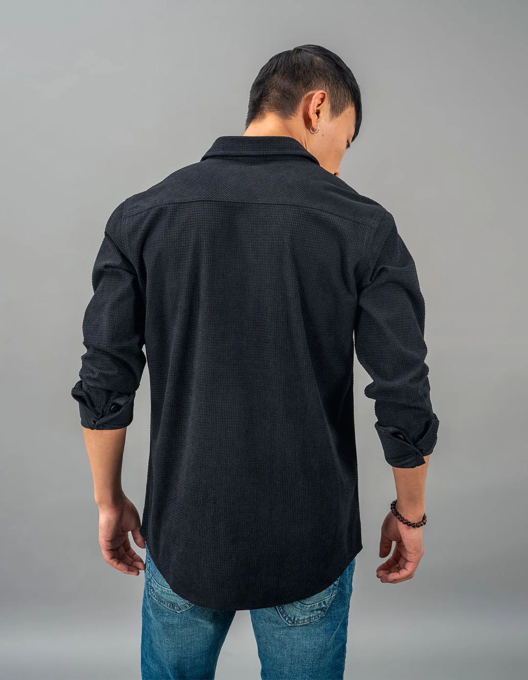 Black Full Sleeve Textured Waffle Shacket - Image 5