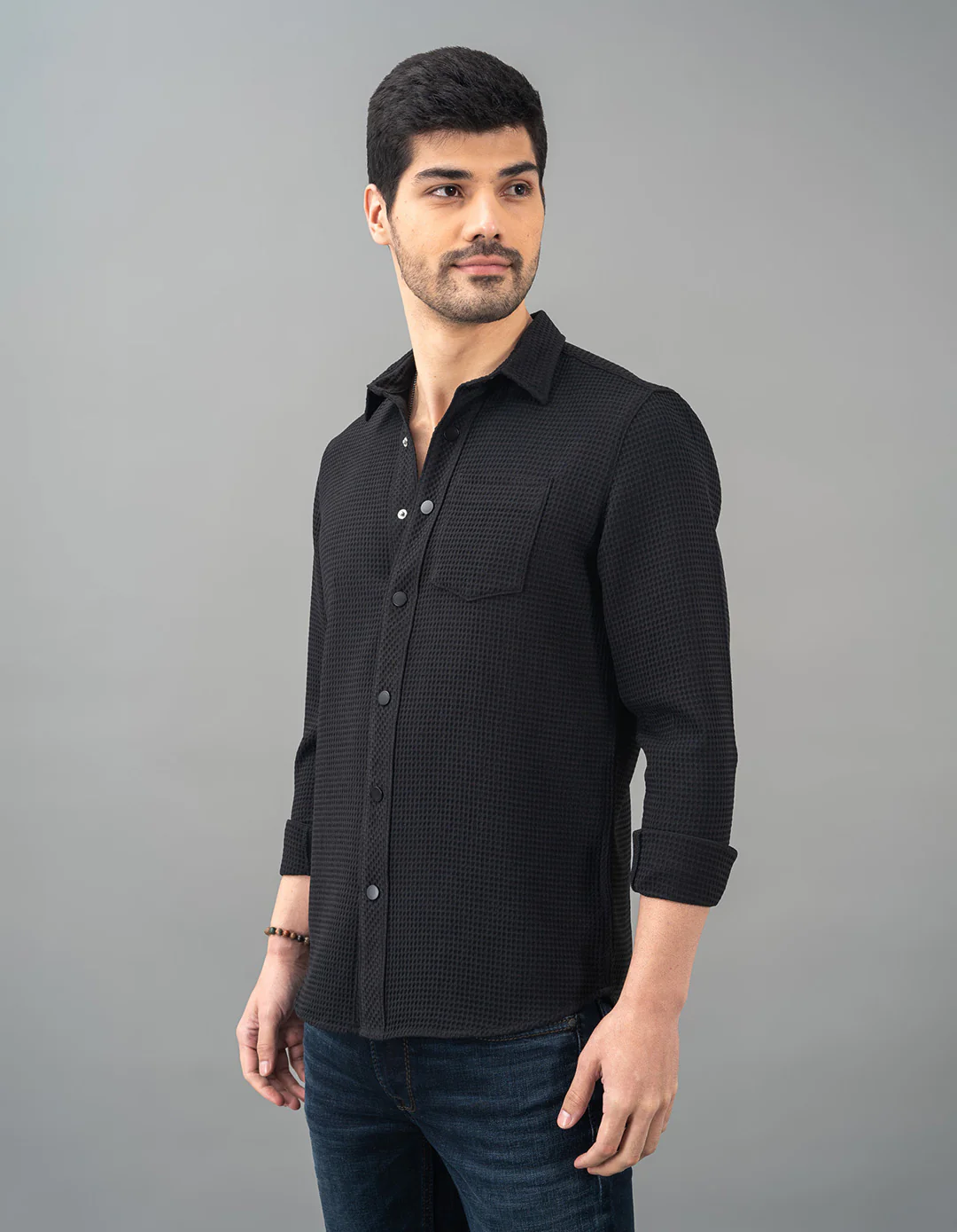 Black Full Sleeve Textured Waffle Shirt - Image 3