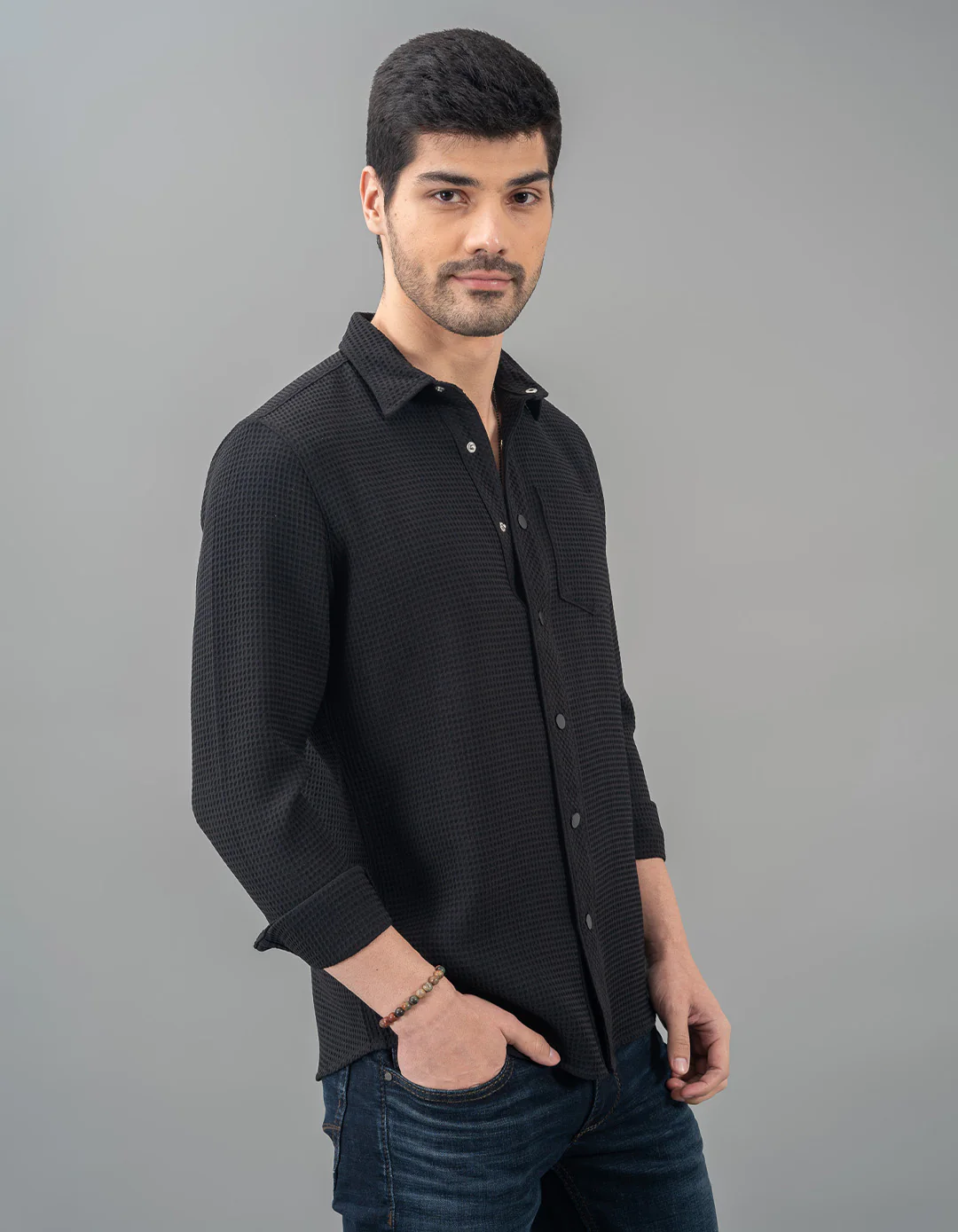 Black Full Sleeve Textured Waffle Shirt - Image 4