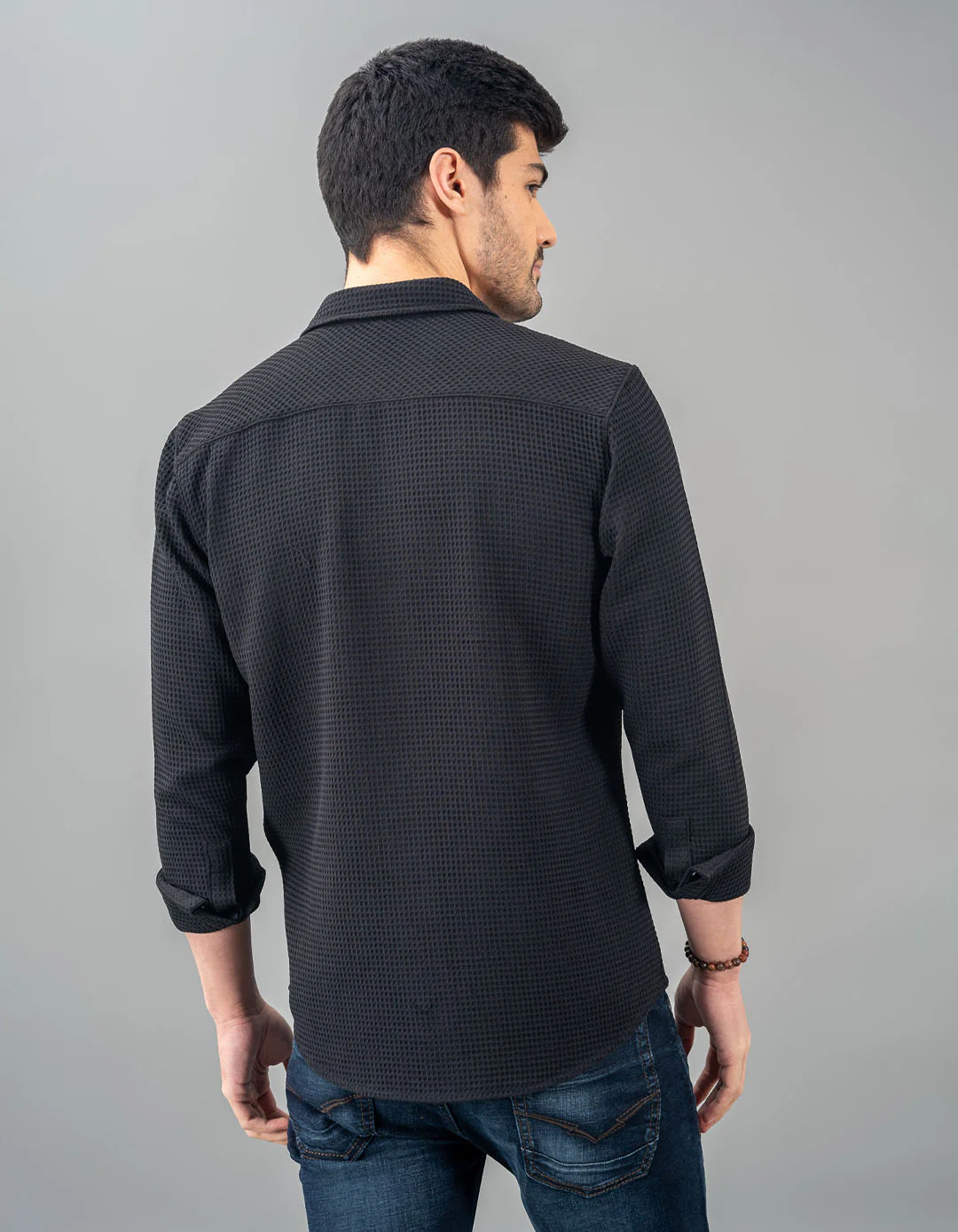 Black Full Sleeve Textured Waffle Shirt - Image 5