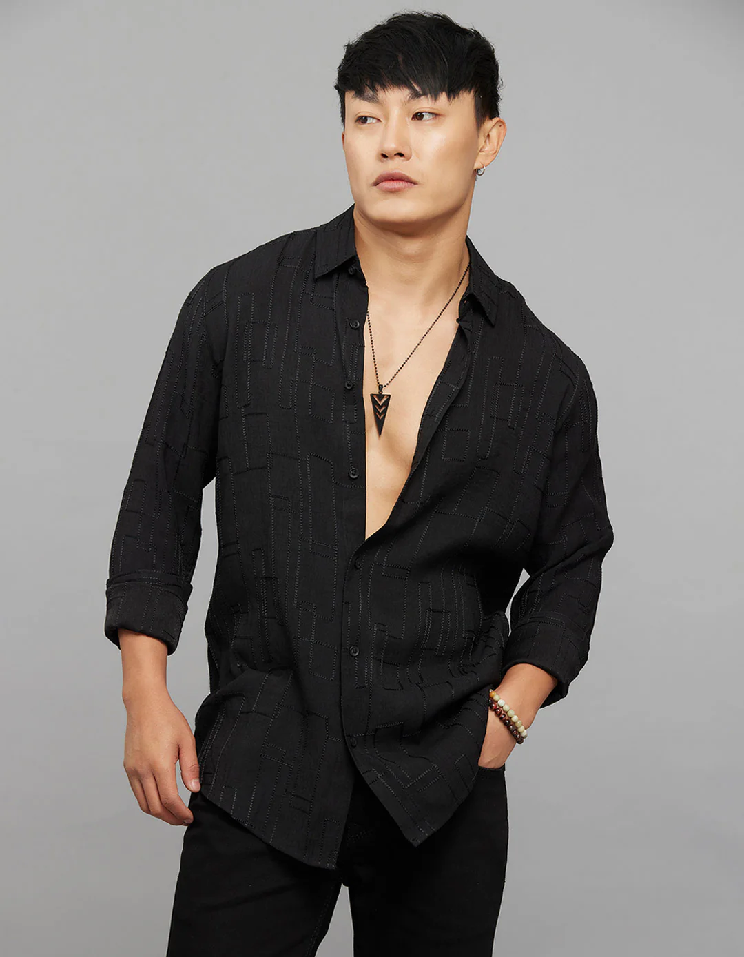 Black Full Sleeves Embroidered Stitch Texture Shirt