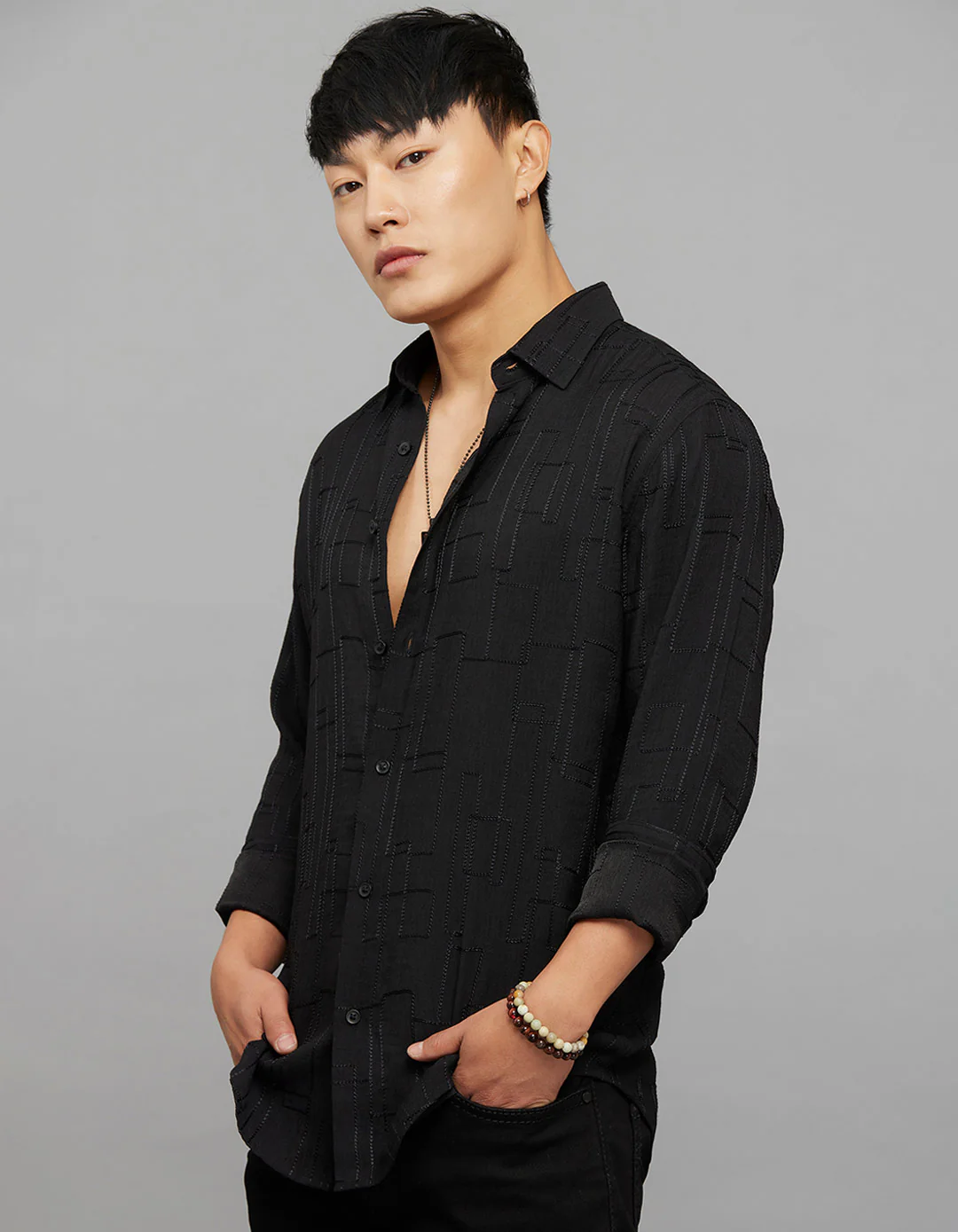 Black Full Sleeves Embroidered Stitch Texture Shirt - Image 3