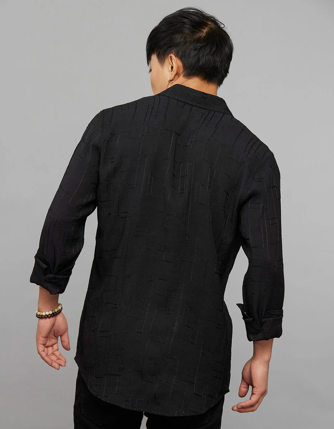 Black Full Sleeves Embroidered Stitch Texture Shirt - Image 4