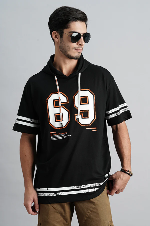 Black Half Sleeve Oversized Hoodie Tee