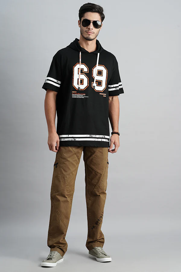 Black Half Sleeve Oversized Hoodie Tee - Image 2