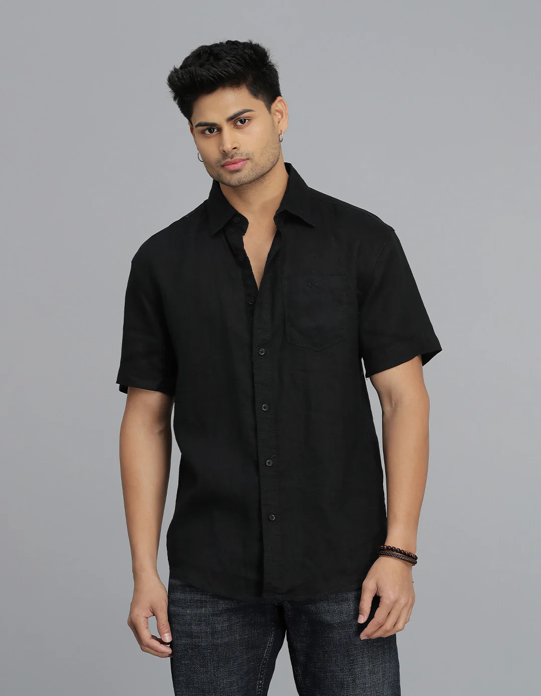 Black Half Sleeves 100% Linen Shirt
