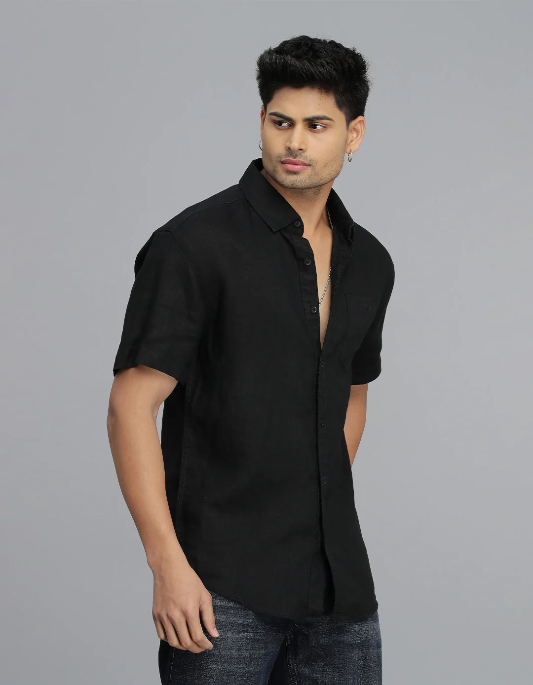 Black Half Sleeves 100% Linen Shirt - Image 4
