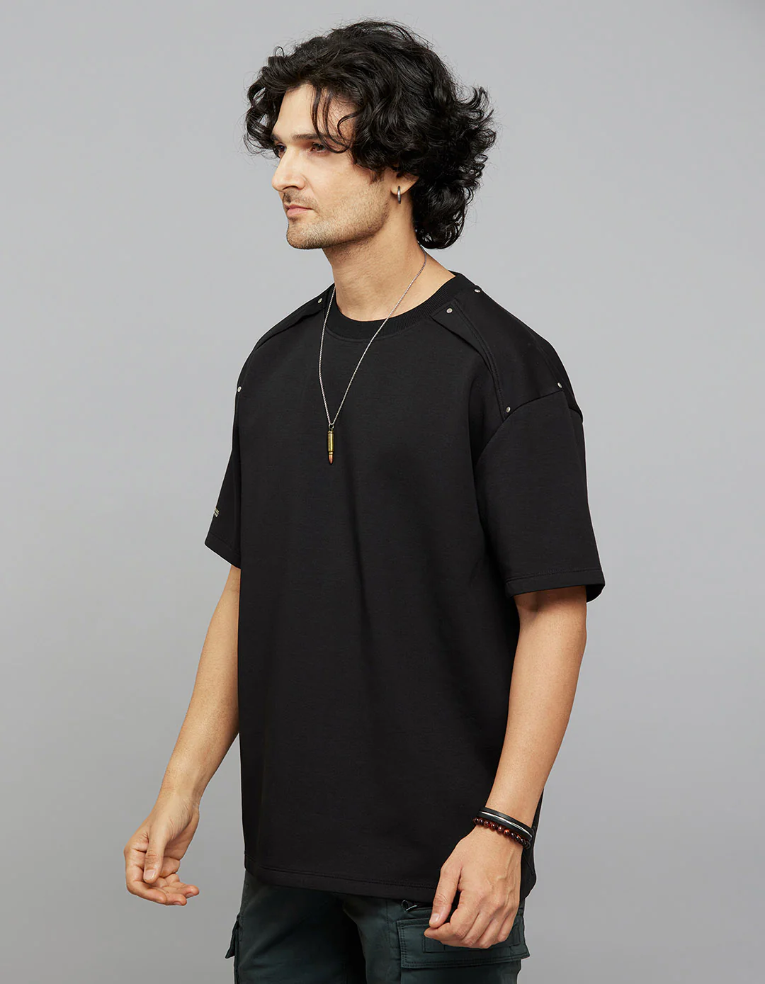 Black Half Sleeves Round Neck Oversized Tee - Image 3