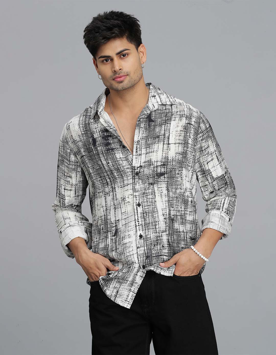 Black White Full Sleeves Printed Shirt