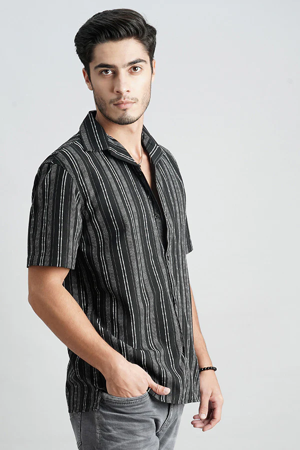 Black White Half Sleeve Stripe Shirt - Image 3