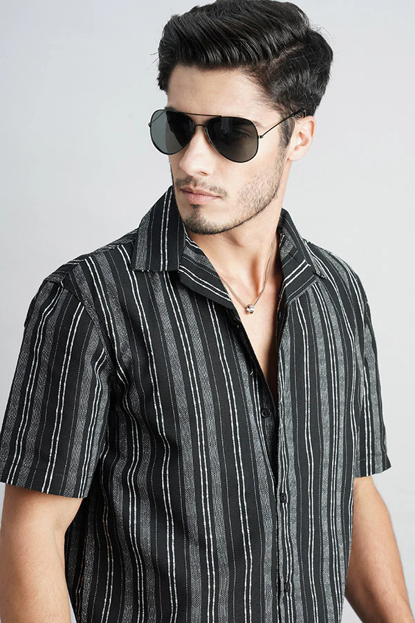 Black White Half Sleeve Stripe Shirt - Image 6